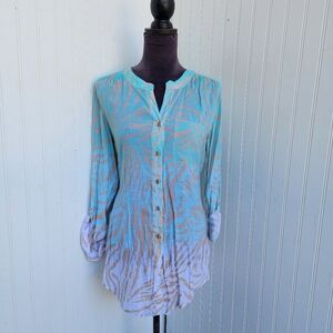 Multiples Womens Blouse Ombré Turquoise Blue/Brown Zebra Print Front Tie Tunic M